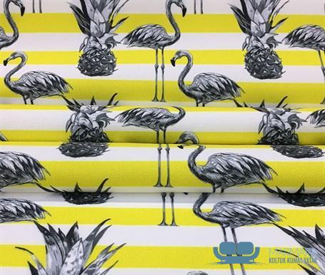 Beyaz Sarı Çizgili Zemin Flamingo Tropikal Perdelik Kumaş - Görsel 8