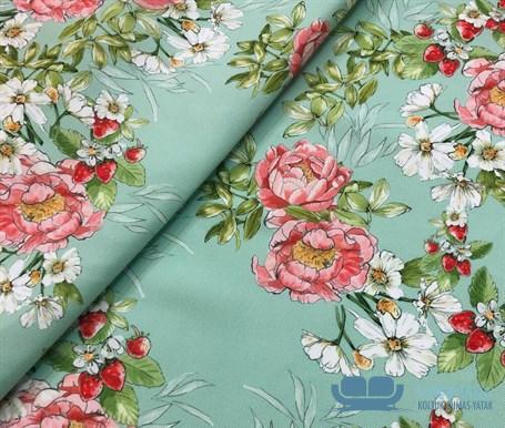 Mint Zemin Pembe Şakayık Desenli Döşemelik Kumaş - Görsel 4