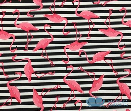 Siyah Beyaz Çizgili Pembe Flamingo Desenli Koltuk Kumaşı - Görsel 4