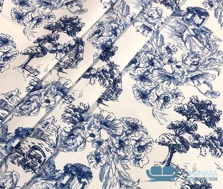 Toile de Jouy Stil Nostaljik Kır Evleri Desenli Döşeme Kumaşı - Görsel 4