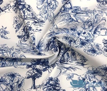 Toile de Jouy Stil Nostaljik Kır Evleri Desenli Döşeme Kumaşı - Görsel 5