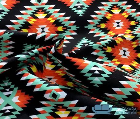 Turuncu Turkuaz Etnik Kilim Desenli Döşeme Kumaşı - Görsel 6