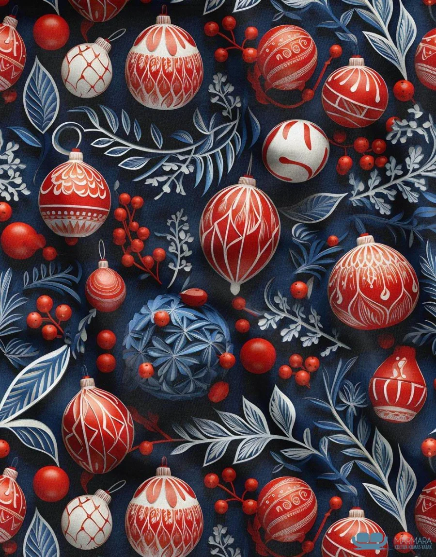 3D Küre ve Yaprak Desenli Lacivert Koltuk Kumaşı