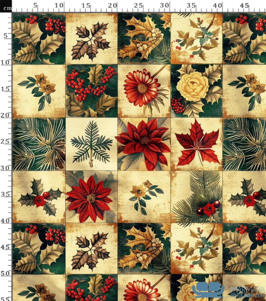 Kırmızı Çiçek Desenli Gold Zeminli Patchwork Kumaş - Görsel 2