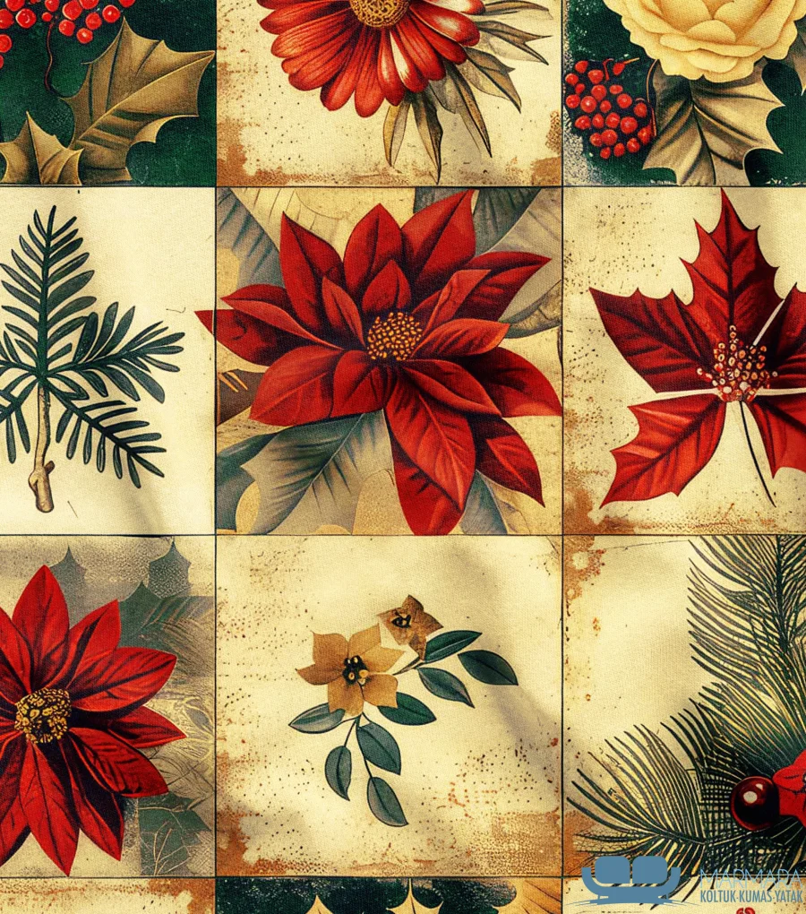 Kırmızı Çiçek Desenli Gold Zeminli Patchwork Kumaş - Görsel 3