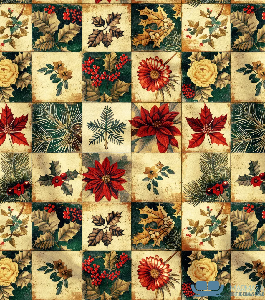 Kırmızı Çiçek Desenli Gold Zeminli Patchwork Kumaş