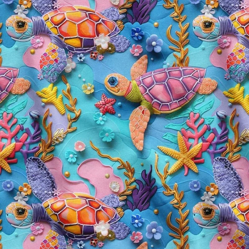 Renkli Kaplumbağa Desenli 3D Kumaş