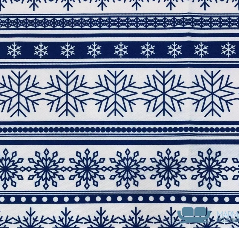 Şerit Kar Tanesi Desenli Kilim Motifli Lacivert Beyaz Kumaş